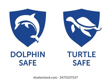 Etiquetas Dolphin Safe y Turtle Safe para pescado enlatado en forma de escudo. Certificaciones que indiquen que los métodos de pesca utilizados para capturar los peces están diseñados para minimizar los daños a los animales marinos