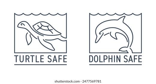 Dolphin Safe and Turtle Safe labels for canned fish, in thin line. Certifications indicating that fishing methods used to catch the fish are designed to minimize harm to sea animals