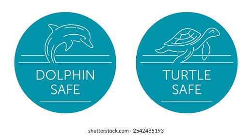 Dolphin Safe and Turtle Safe labels for canned fish. Certifications indicating that fishing methods used to catch the fish are designed to minimize harm to sea animals. In thin line