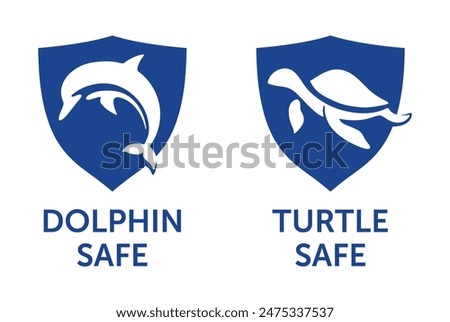 Dolphin Safe and Turtle Safe labels for canned fish in shield shape. Certifications indicating that fishing methods used to catch the fish are designed to minimize harm to sea animals