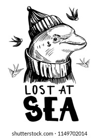 Dolphin sailor in hat and sweater. Hand drawn vector illustration