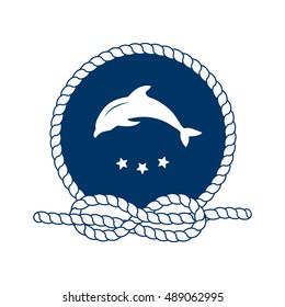 Dolphin - sea animal. Sea, nautical and travel badge. Symbol of sailors, sail, cruise and sea. Vector illustration. Rope border. 