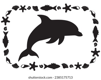 Dolphin, sea animal in a rectangular frame - vector silhouette for printing or cutting. Marine composition stencil with a dolphin and other sea animals