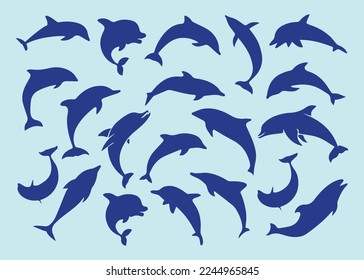 Delphin-Meerestier-Silhouette-Set. Symbol, Logo, Maskottchen, Symbol, Aufkleber, Schwimmen von Tieren, einzelne Abbildung. 