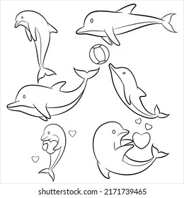 dolphin from the sea Black line art vector Hand drawn illustration isolated on white
