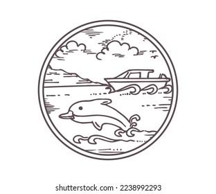 Dolphin and sea illustration or monoline vintage badge design