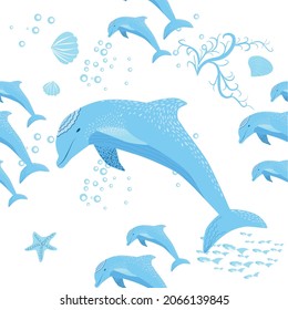 Dolphin, sea inhabitants seamless pattern, beautiful character among seashells, algae, starfish, marine wildlife.