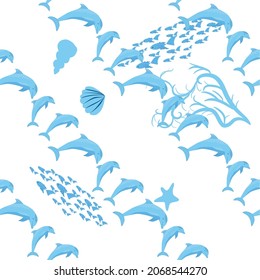 Dolphin, sea inhabitants seamless pattern, beautiful character among seashells, algae, starfish, marine wildlife.