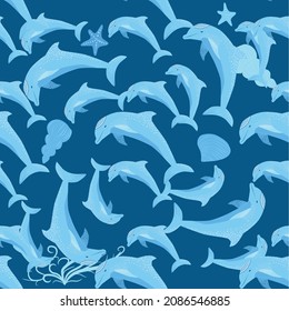 Dolphin, sea inhabitants seamless pattern, beautiful character among seashells, algae, starfish, marine wildlife.