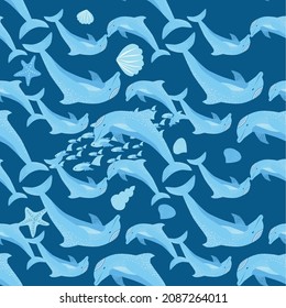 Dolphin, sea inhabitants seamless pattern, beautiful character among seashells, algae, starfish, marine wildlife.
