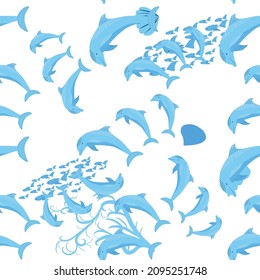 Dolphin, sea inhabitants seamless pattern, beautiful character among seashells, algae, starfish, marine wildlife.