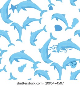 Dolphin, sea inhabitants seamless pattern, beautiful character among seashells, algae, starfish, marine wildlife.