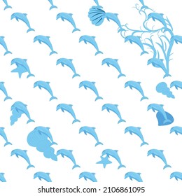 Dolphin, sea inhabitants seamless pattern, beautiful character among seashells, algae, starfish, marine wildlife.