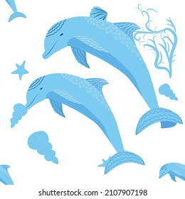 Dolphin, sea inhabitants seamless pattern, beautiful character among seashells, algae, starfish, marine wildlife.