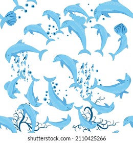 Dolphin, sea inhabitants seamless pattern, beautiful character among seashells, algae, starfish, marine wildlife.