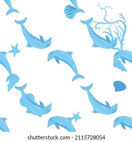 Dolphin, sea inhabitants seamless pattern, beautiful character among seashells, algae, starfish, marine wildlife.