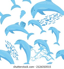 Dolphin, sea inhabitants seamless pattern, beautiful character among seashells, algae, starfish, marine wildlife.