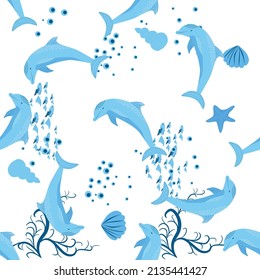 Dolphin, sea inhabitants seamless pattern, beautiful character among seashells, algae, starfish, marine wildlife.