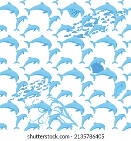 Dolphin, sea inhabitants seamless pattern, beautiful character among seashells, algae, starfish, marine wildlife.