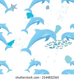 Dolphin, sea inhabitants seamless pattern, beautiful character among seashells, algae, starfish, marine wildlife.