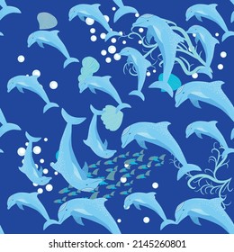 Dolphin, sea inhabitants seamless pattern, beautiful character among seashells, algae, starfish, marine wildlife.