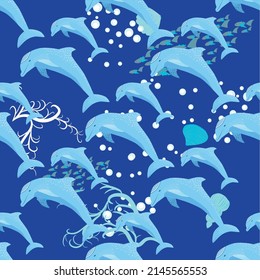 Dolphin, sea inhabitants seamless pattern, beautiful character among seashells, algae, starfish, marine wildlife.