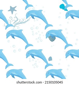 Dolphin, sea inhabitants seamless pattern, beautiful character among seashells, algae, starfish, marine wildlife.