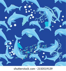 Dolphin, sea inhabitants seamless pattern, beautiful character among seashells, algae, starfish, marine wildlife.