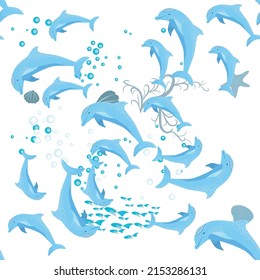 Dolphin, sea inhabitants seamless pattern, beautiful character among seashells, algae, starfish, marine wildlife.