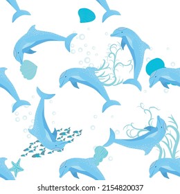 Dolphin, sea inhabitants seamless pattern, beautiful character among seashells, algae, starfish, marine wildlife.