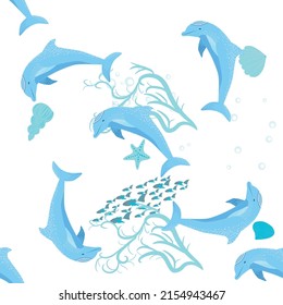 Dolphin, sea inhabitants seamless pattern, beautiful character among seashells, algae, starfish, marine wildlife.