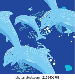 Dolphin, sea inhabitants seamless pattern, beautiful character among seashells, algae, starfish, marine wildlife.