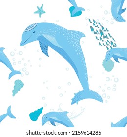Dolphin, sea inhabitants seamless pattern, beautiful character among seashells, algae, starfish, marine wildlife.