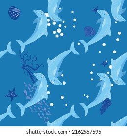 Dolphin, sea inhabitants seamless pattern, beautiful character among seashells, algae, starfish, marine wildlife.