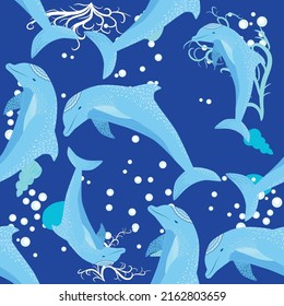 Dolphin, sea inhabitants seamless pattern, beautiful character among seashells, algae, starfish, marine wildlife.