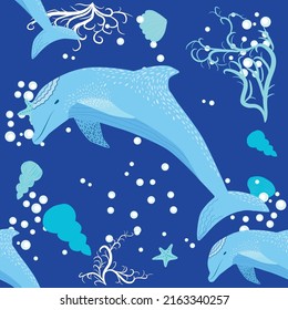 Dolphin, sea inhabitants seamless pattern, beautiful character among seashells, algae, starfish, marine wildlife.