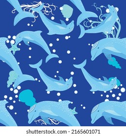 Dolphin, sea inhabitants seamless pattern, beautiful character among seashells, algae, starfish, marine wildlife.