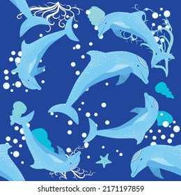 Dolphin, sea inhabitants seamless pattern, beautiful character among seashells, algae, starfish, marine wildlife.