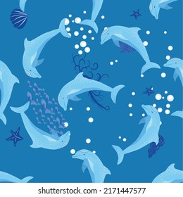 Dolphin, sea inhabitants seamless pattern, beautiful character among seashells, algae, starfish, marine wildlife.