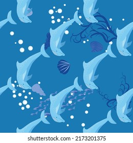 Dolphin, sea inhabitants seamless pattern, beautiful character among seashells, algae, starfish, marine wildlife.