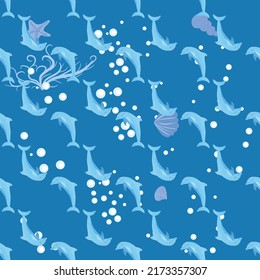 Dolphin, sea inhabitants seamless pattern, beautiful character among seashells, algae, starfish, marine wildlife.