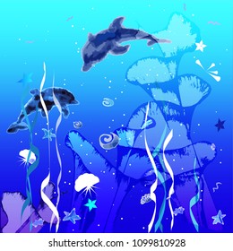 dolphin, sea, ocean floor, marine life, seaweed, seashells, background, picture