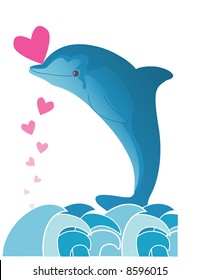 Dolphin in a sea with pink hearts