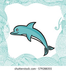 Dolphin and sea. Vector illustration.