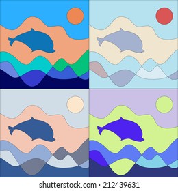 dolphin and sea, vector set