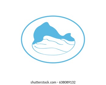 Dolphin with sea wave in blue. Marine animal vector logo template. Dolphin jumps out of water symbol. Dolphin logo or stamp template. Sea wave surf badge. Nautical sign with dolphin and curly wave