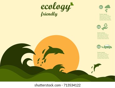 Dolphin in the sea,Environmentally friendly world. Vector illustration of ecology,concept  protect the environment and The earth