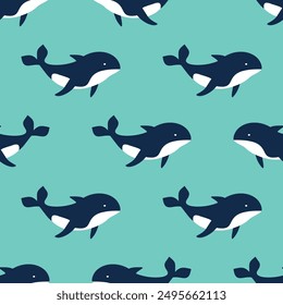 Delfín sin patrón azul aqua. Iconos de estilo de dibujos animados océano animal Vector animales geométricos repiten patrón de fondo para la tela y ropa de diseño.