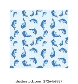 Delfín sin patrón con mamíferos acuáticos azules saltando sobre un fondo azul claro