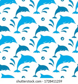 Dolphin seamless pattern. Blue dolphins on white background. Vector illustration. Summer template wild life. Repeating texture marine animal. Modern childish ornament. Design paper, wallpaper, cloth.